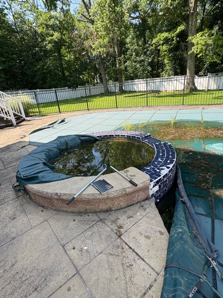 Before: softened mesh cover, algae washing onto pours, chipped spa coping that needed reset.